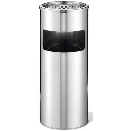 Durable Round Metal Waste Bin with Sand Ashtray, 17 Litre Bin/2 Litre Ashtray, Silver