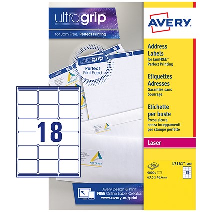 Avery L7161-500 Laser Labels, 18 Per Sheet, 63.5x46.6mm, White, 9000 Labels