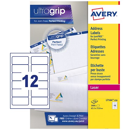 Avery Jam-free Laser Addressing Labels, 12 per Sheet, 63.5x72mm, White, L7164-250, 3000 Labels