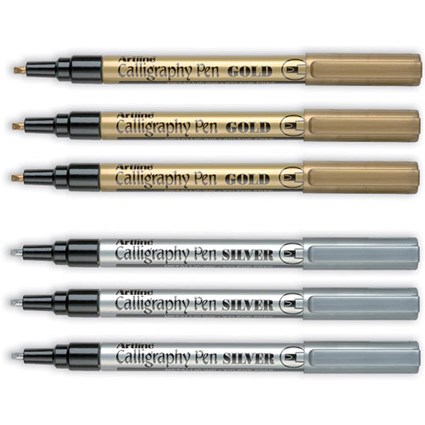 Artline Calligraphy Markers Multisurface 2.5mm Nib 3 Each of Gold and Silver [Wallet 6]