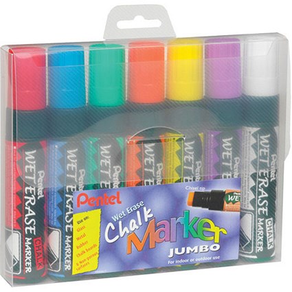 Pentel Chalk Markers Waterproof Wet Erase Chisel Tip Jumbo Assorted [Pack 7]