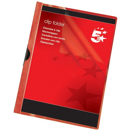 5 Star A4 Clip Folders, 3mm Spine, Red, Pack of 25
