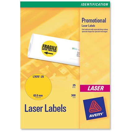 Avery Promotional Labels Laser Circular 12 per Sheet Dia.63.5mm Fluorescent Yellow Ref L7670-25 [Pack 30]