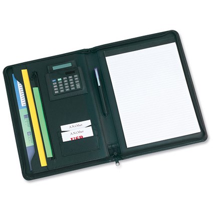 Masters Conference Folder Leather Look Quality Zip Round with Calculator W260xD30xH355mm Black