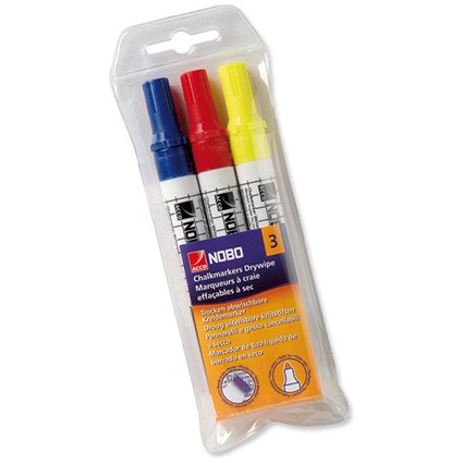 Nobo Chalkmarker Pens Drywipe Assorted Colours [Pack 3]