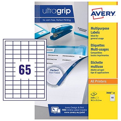 Avery Multipurpose Label 38x21.2mm 65 Per A4 Sheet White (Pack 2600 Labels) 3666-40