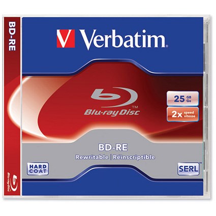 Verbatim Blu-ray BD-RE Rewritable Disk Cased Speed 1-2X 25GB [Pack 5]