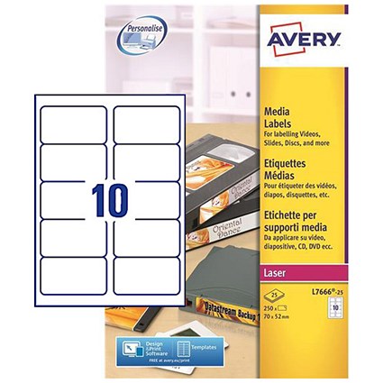 Avery Laser Media Labels for 3.5 inch Disk, 10 per Sheet, 70x52mm, L7666-25, 250 Labels