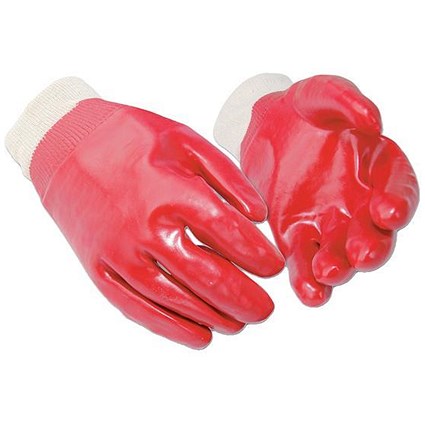 PVC & Knitted Wrist Gloves, Large, Red, 12 Pairs