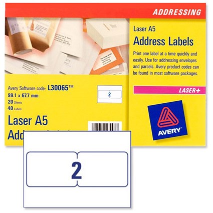 Avery Addressing Labels Laser A5 Sheet of 2 Each 99.1x67.7mm [40 Labels]