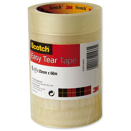 Scotch Easy Tear Transparent Tape, 25mm x 66m, Pack of 6