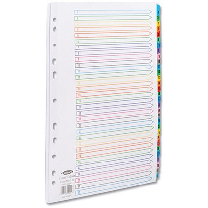 Concord Index Dividers, Extra Wide, 1-31, Multicoloured Tabs, A4, White