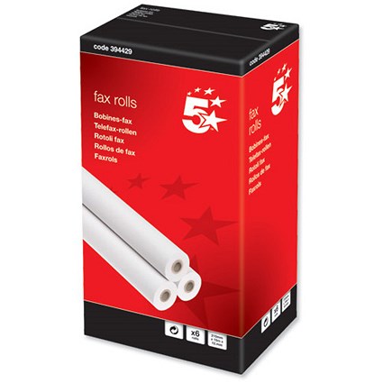 5 Star Thermal Fax Roll / WxLxCore: 210x15x12mm / White / Pack of 6