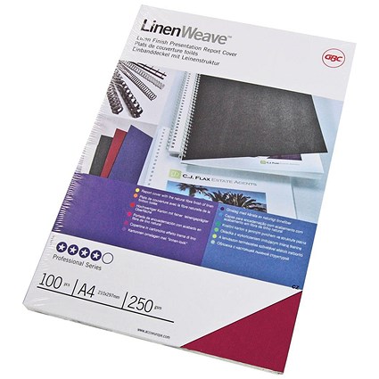 GBC Textured Linen-look Binding Covers, 250gsm, Red, A4, Pack of 100