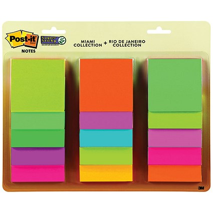 Post-It Super Sticky, 76X76mm, Rio And Miami Collection, Pack of 15