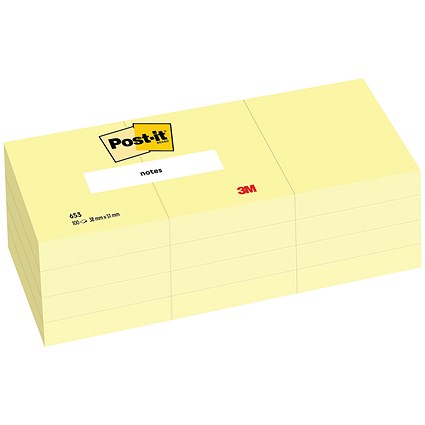 Post-it Canary Yellow Notes, 38x51mm, Pack of 12 x 100 Notes