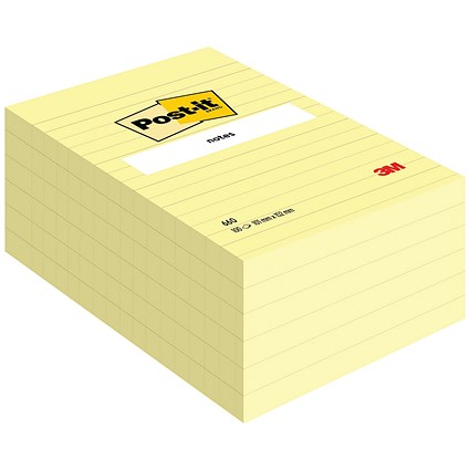 Post-it Notes, Large Feint Ruled, 102x152mm, Yellow, Pack of 6 x 100 Notes