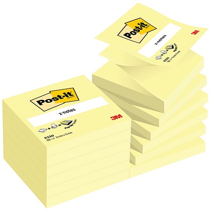 Post-it Z-Notes, 76 x 76mm, Yellow, Pack of 12 x 100 Notes