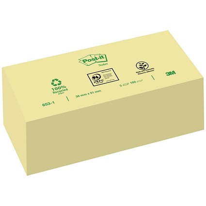 Post-it Recycled Notes, 38 x 51mm, Yellow, Pack of 12 x 100 Notes
