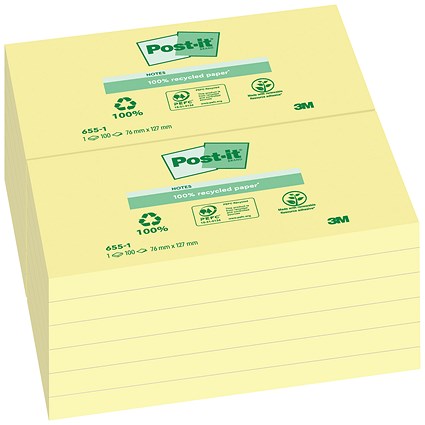 Post-it Recycled Notes, 76 x 127mm, Yellow, Pack of 12 x 100 Notes