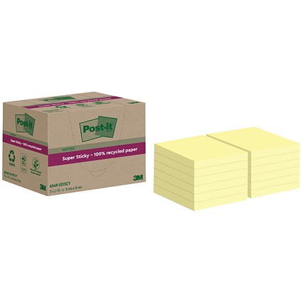 Post-it Super Sticky Recycled Notes, 76 x 76mm, Yellow, Pack of 12 x 70 Notes Post-it Super Sticky Recycled Notes, 76 x 76mm, Yellow, Pack of 12 x 70 Notes