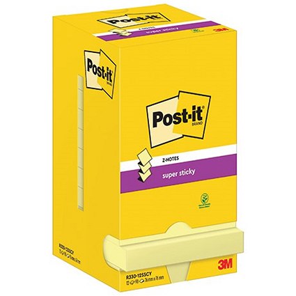 Post-it Super Sticky Z-Notes Display Pack, 76 x 76mm, Yellow, Pack of 12 x 90 Z-Notes