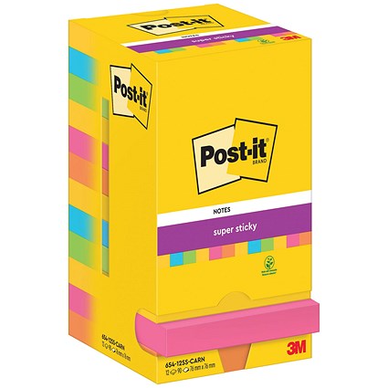 Post-it Super Sticky Notes Display Pack, 76 x 76mm, Carnival, Pack of 12 x 90 Notes