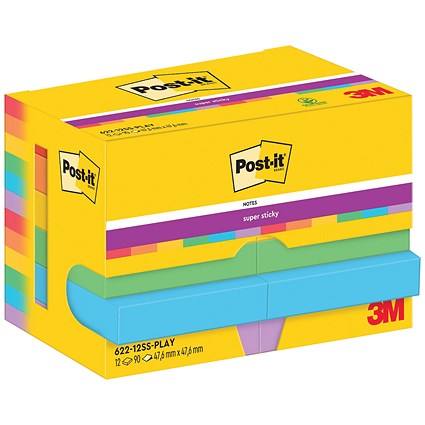 Post-it Super Sticky Display Pack, 76 x 76mm, Playful, Pack of 12 x 90