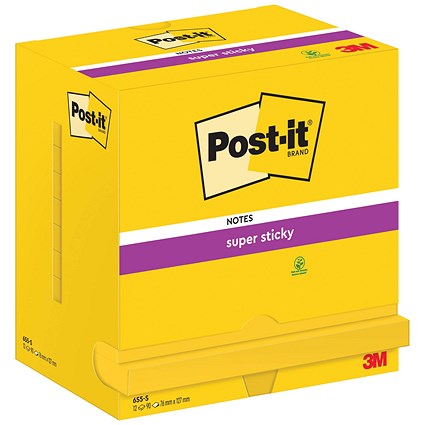 Post-it Super Sticky Notes Display Pack, 76 x 127mm, Ultra Yellow, Pack of 12 x 90 Notes