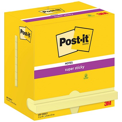 Post-it Super Sticky Notes Display Pack, 76 x 127mm, Yellow, Pack of 12 x 90 Notes