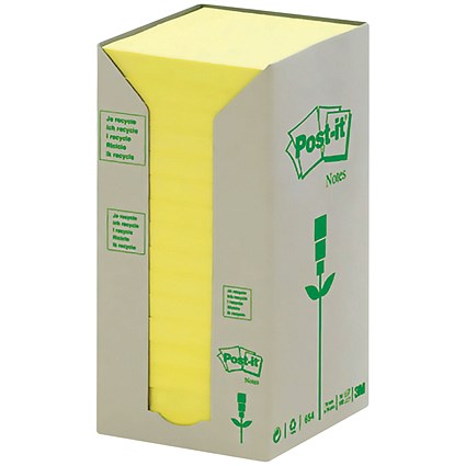 Post-it Note Recycled Tower Pack, 76 x 76mm, Yellow, Pack of 16 x 100 Notes
