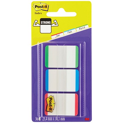 Post-it Strong Index Tabs , 25 x 38mm, Assorted, Pack of 66(33 of each colour)