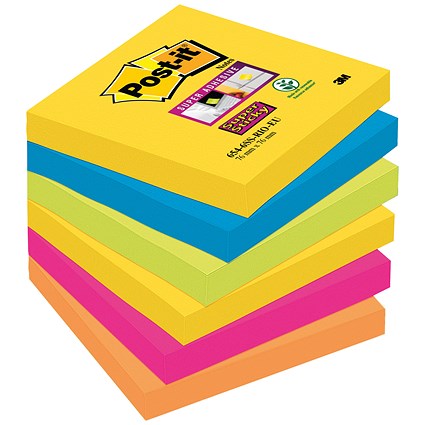 Post-it Super Sticky Notes, 76 x 76mm, Rio, Pack of 6 x 90 Notes