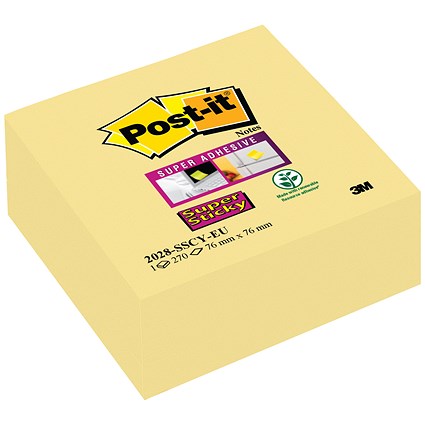 Post-it Super Sticky Note Cube, 76 x 76mm, Yellow, 270 Notes per Cube