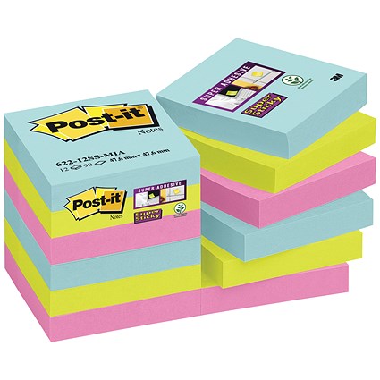 Post-it Super Sticky Notes, 47.6 x 47.6mm, Miami, Pack of 12 x 90 Notes