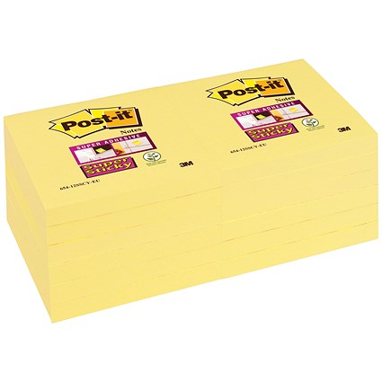 Post-it Super Sticky Notes, 76x76mm, Canary Yellow, Pack of 12 x 90 Notes