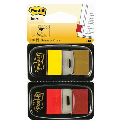 Post-it Index Tabs Dispenser with Red and Yellow Tabs, 25 x 43mm, Pack of 2(100 Flags in total)