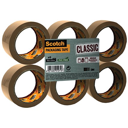 Scotch Classic Packaging Tape, 50mmx66m, Buff, Pack of 6