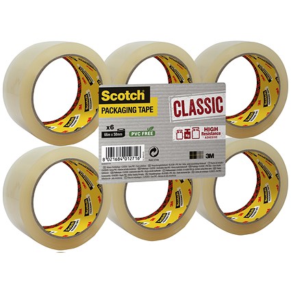 Scotch Classic Packaging Tape, 50mmx66m, Clear, Pack of 6