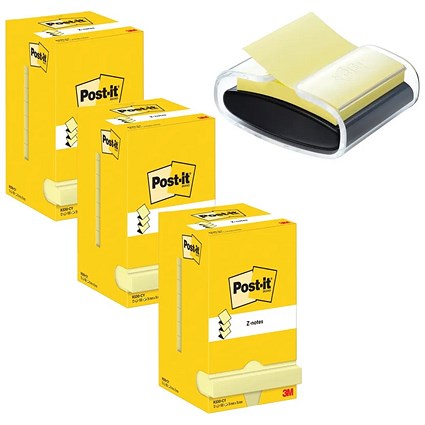 Post-It Z-Notes 76x76mm 100 Sheet Yellow (Pack of 12) Buy 3 + FOC Dispenser