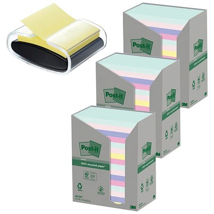 Post-it Recycled Notes, 76 x 127mm, Pastel, Pack of 16 x 100 Notes - Buy 3 Get Free Dispenser