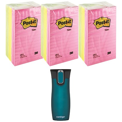 Post-it Notes Feint Ruled, 102 x 152mm, Rainbow Colours, Pack of 6 x 100 Notes - Buy 3 Get Free Travel Mug