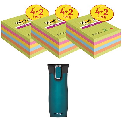 Post-it Super Sticky Notes, 101x152mm, Bright Rainbow, Pack 6 x 90 Notes - Buy 3 Get Free Travel Mug