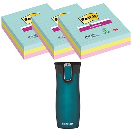 Post-it Super Sticky XL Ruled Notes, 101 x 101mm, Miami, Pack of 3 x 70 Notes - Buy 3 Get Free Travel Mug