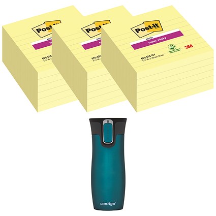 Post-it Super Sticky Ruled Notes, 101 x 101mm, Yellow, Pack of 6 x 90 Notes - Buy 3 Get Free Travel Mug