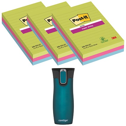 Post-it Notes Super Sticky Ruled Notes, 127 x 203mm, Ultra, Pack of 2 x 45 Notes - Buy 3 Get Free Travel Mug