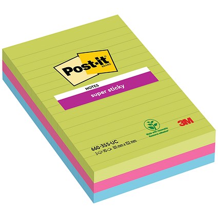Post-it Super Sticky Ruled Notes, 102 x 152mm, Ultra Assorted, Pack of 3 x 90 Notes