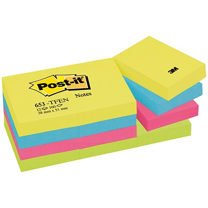 Post-it Energetic Palette Colour Notes, 38 x 51mm, Rainbow Colours, Pack of 12 x 100 Notes