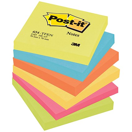 Post-it Energetic Palette Colour Notes, 76 x 76mm, Rainbow Colours, Pack of 6 x 100 Notes