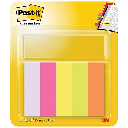 Post-it Note Markers, 15 x 50mm, Neon, Pack of 500(100 of each colour)